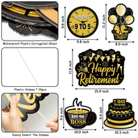 MALMALL6 5Pcs Happy Retirement Yard Sign Black Gold Cake Balloons Waterproof Garden Large Signs Retired Themed Lawn Backyard Photo Prop with Stakes Ornaments for Outdoor Party Decoration Supplies