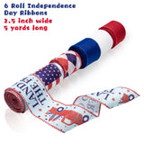 MALLMALL6 6 Rolls 4th of July Burlap Wired Ribbons Independence Day Red White Blue Mesh Stars and Stripes Ribbon LAND OF THE FREE Theme Decoration Wreath Party Wrapping for USA Patriotic Activity