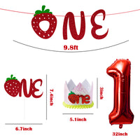 MALLMALL6 4Pcs Strawberry Sweet ONE First Birthday Summer Party Decor Glitter Paper Banner Cake Topper Crown Foil Balloon Decoration Photo Booth Prop Fruit Theme Set Supplies for Baby Girls