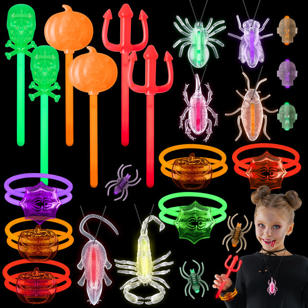 MALLMALL6 60pcs Halloween Glow in the Dark Party Favors Bulk Pack Halloween Glow Sticks Pumpkin Wand Bracelet Ring Necklace Accessories Trick or Treat Party Decorations Favors Supplies for Adult Kids