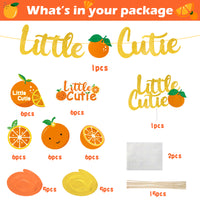 MALLMALL6 42pcs Little Cutie Baby Shower Party Decoration Set Orange Birthday Favors Supplies Tangerine Glitter Banner Fruit Hanging Swirls and Cakes Toppers Photo Props for Clementine Theme Party