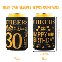 MALLMALL6 12Pcs 30th Happy Birthday Beer Can Sleeves Set Thirty Years Old Theme Party Decoration Favors Supplies Black and Gold Cheers Beer Bottle Cover Soda Beverage Can Decor Gifts for Men Women