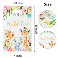 MALLMALL6 50Pcs Wild One Girl Party Favor Bag Jungle Floral Waterproof Plastic Gift Bags Safari Animal Candy Snack Gift Bags One Year Old Birthday Party Decorations for Kids Baby Shower Party Supplies