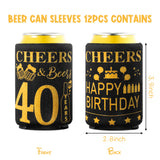 MALLMALL6 12Pcs 40th Happy Birthday Beer Can Sleeves Set Forty Years Old Theme Party Decoration Favor Supplies Black and Gold Cheers Beer Bottle Cover Soda Beverage Can Decor Parent Gift for Men Women