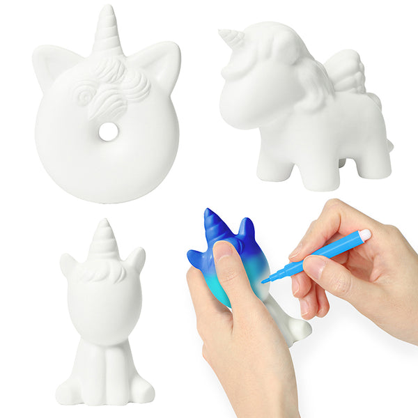 MALLMALL6 3Pcs DIY Slow Rising Unicorn Donut Novelty Squeeze Toy Blank Art Handcrafts Kit for Kids Early Learning to Draw with 12 Color Pens Creamy Scented White Set Kawaii Soft Pressure Relief Toys