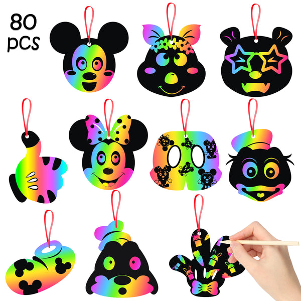 MALLMALL6 60Pcs Mickey Themed Rainbow Scratch Cards Set Minnie Birthday Party Favor DIY Donald Daisy Goofy Magic Scratch Craft Kit Mickey Cartoon Drawing Creation Party Supplies Game for Kids