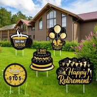 MALMALL6 5Pcs Happy Retirement Yard Sign Black Gold Balloons Cake Waterproof Garden Large Signs Retired Themed Lawn Backyard Photo Prop with Stakes Ornaments for Outdoor Party Decoration Supplies