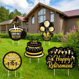 MALMALL6 5Pcs Happy Retirement Yard Sign Black Gold Balloons Cake Waterproof Garden Large Signs Retired Themed Lawn Backyard Photo Prop with Stakes Ornaments for Outdoor Party Decoration Supplies