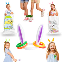 MALLMALL6 64Pcs Easter Party Favor Games Eggs & Spoon Race Game DIY Sack Race Bags 3-Legged Race Bands Inflatable Toss Games for Kids School Family Spring Outdoor Birthday Carnival Holiday Activity