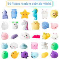 MALLMALL6 60Pcs Mochi Squeeze Toys for Kids Party Decorations Favors Stress Relief Birthday Gift Treat Goodie Bags Fruit and Random Animals Shape Kawaii Mini Toys Classroom Prize for Boys Girls