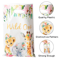 MALLMALL6 50Pcs Wild One Girl Party Favor Bag Jungle Floral Waterproof Plastic Gift Bags Safari Animal Candy Snack Gift Bags One Year Old Birthday Party Decorations for Kids Baby Shower Party Supplies