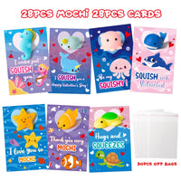 MALLMALL6 28 Packs Valentines Day Gift Cards with Kawaii Mochi, Sea Animals Squeeze Stress Relief Fidget Toys for Kids Toddler School Classroom Exchange Prizes Ocean Theme Valentine Party Favors Set