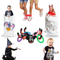 MALLMALL6 58pcs Halloween Party Favor Games DIY Sack Race Bags Eggs and Spoon Race Game Inflatable Toss Games 3-Legged Race Bands for Kid Adult Family School Outdoor Birthday Carnival Holiday Activity