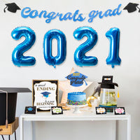 MALLMALL6 15Pcs Graduation Candy Bar Decorations Congrats Grad Banner Photo Backdrop Cake Toppers Bachelor Cap 2021 Blue Foil Balloons Celebration Party Supply Decor for College High School Yard Sign