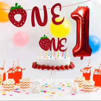 MALLMALL6 4Pcs Strawberry Sweet ONE First Birthday Summer Party Decor Glitter Paper Banner Cake Topper Crown Foil Balloon Decoration Photo Booth Prop Fruit Theme Set Supplies for Baby Girls