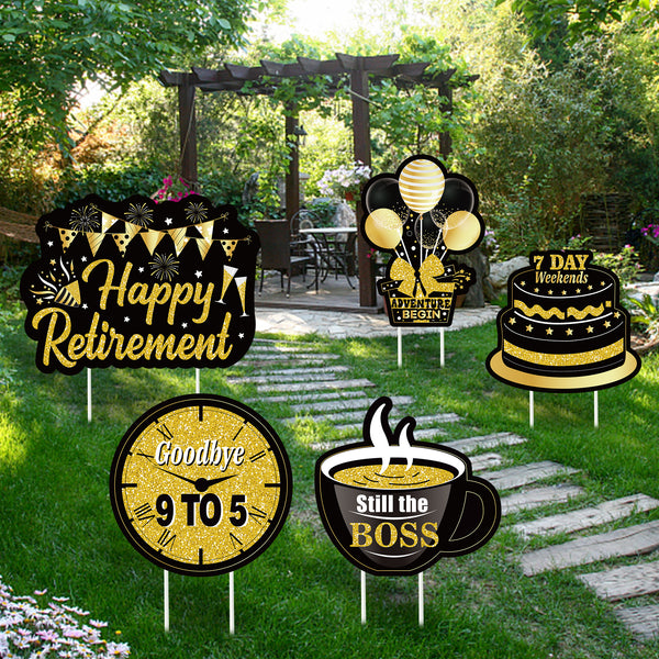 MALMALL6 5Pcs Happy Retirement Yard Sign Black Gold Cake Balloons Waterproof Garden Large Signs Retired Themed Lawn Backyard Photo Prop with Stakes Ornaments for Outdoor Party Decoration Supplies