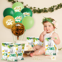 MALLMALL6 50Pcs Wild One Party Favor Bag Jungle Green Waterproof Plastic Gift Bags Safari Animal Candy Snack Bags One Year Old Party Supplies for Kids Boys Girls First Birthday Party Baby Shower