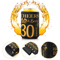 MALLMALL6 12Pcs 30th Happy Birthday Beer Can Sleeves Set Thirty Years Old Theme Party Decoration Favors Supplies Black and Gold Cheers Beer Bottle Cover Soda Beverage Can Decor Gifts for Men Women