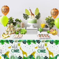 MALLMALL6 4Pcs Wild One First Birthday Table Cover Set 1 year old Waterproof Summer Plastic Tablecloth Tropical Animal Jungle Theme Baby Shower Party Picnic Supplies Decoration for Baby Boy Girl