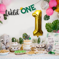 MALLMALL6 4Pcs Wild ONE First Birthday Party Decor Summer Supplies Glitter Paper Banner Cake Topper Crown Gold Foil Balloon Decorations Kit Nature Theme Baby Shower Photo Props for Baby Boys