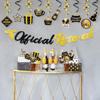 MALLMALL6 42Pcs Retirement Party Decoration set Official Retired Cupcake Toppers Glitter Gold and Black Banner Champagne Gifts Hanging Swirls Room Centerpiece Photo Booth for Happy Retirement Party