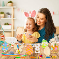 MALLMALL6 60Pcs Easter Wooden DIY Art Crafts for Kids Early Learning Painting Kits Unfinished Art Project Preschool Classroom Activities Painting Your Own Ornaments Party Gifts Decor for Tree Home