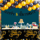 MALLMALL6 4Pcs Birthday Table Cover Set Happy Birthday Theme Bling Black and Golden Waterproof Tablecloth Party Supplies Large Plastic Rectangular Design Kitchen Picnic Decoration for kid Adult