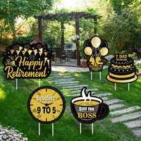 MALMALL6 5Pcs Happy Retirement Yard Sign Black Gold Cake Balloons Waterproof Garden Large Signs Retired Themed Lawn Backyard Photo Prop with Stakes Ornaments for Outdoor Party Decoration Supplies