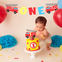 MALLMALL6 Firetruck One Birthday Banner Cake Topper Kit Fireman 1st Themed Party Supplies Firetruck Cake Decorate Highchair Felt Banner First Birthday Party Favor Baby Shower Photo Booth Prop for Kids