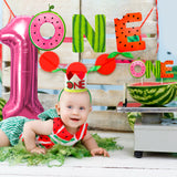 MALLMALL6 4Pcs Watermelon ONE First Birthday Party Decor in a Melon Summer Glitter Paper Banner Cake Topper Crown Rose Red Foil Balloon Kit Decorations Supplies Fruit Theme Photo Props for Baby Shower