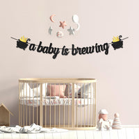 MALLMALL6 A Baby Is Brewing Banner Sign Halloween Baby Shower Party Favors Black Golden Glittery Paper Flag Photo Props Pre-Strung Hanging Kit Gender Reveal Party Decoration for Home Room Wall Outdoor