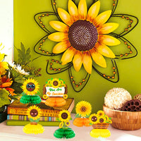 MALLMALL6 6Pcs Sunflower Honeycomb Centerpieces Cute Face Party Table Topper Warm Yellow Bright You are My Sunshine Sun Flower Theme Baby Shower Decorations Birthday Bridal Shower Wedding Supplies