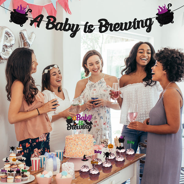 MALLMALL6 26pcs Halloween Baby Shower Glitter Decoration Kit A Baby Is Brewing Banner Cake Centerpieces Cupcake Toppers Ornament for Adults Pregnancy Gender Reveal Announcement Party Favor Supplies