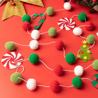 MALLMALL6 Christmas Felt Ball Pom Pom Banners Wool Balls Garland with Mints Xmas Tree Candy Canes 70.8inch Red Green White Hanging Ornaments for Merry Christmas Home Party Decoration Favor Supplies