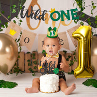 MALLMALL6 4Pcs Wild ONE First Birthday Party Decor Summer Supplies Glitter Paper Banner Cake Topper Crown Gold Foil Balloon Decorations Kit Nature Theme Baby Shower Photo Props for Baby Boys