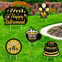 MALMALL6 5Pcs Happy Retirement Yard Sign Black Gold Cake Balloons Waterproof Garden Large Signs Retired Themed Lawn Backyard Photo Prop with Stakes Ornaments for Outdoor Party Decoration Supplies