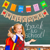 MALLMALL6 2Pcs Welcome Burlap Banner Pongee Back To School Composite Fabric Flags Classroom Decorations Double Layers First Day of School Banners Party Supplies for Preschool Kindergarten College