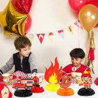 MALLMALL6 7Pcs Firefighter Honeycomb Centerpieces Fireman Themed Table Decorations Birthday Party Supplies Firetruck Fire Hat Extinguisher Themed Party Favors Room Decor Photo Booth Props for Kids