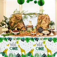 MALLMALL6 4Pcs Wild One First Birthday Table Cover Set 1 year old Waterproof Summer Plastic Tablecloth Tropical Animal Jungle Theme Baby Shower Party Picnic Supplies Decoration for Baby Boy Girl