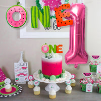 MALLMALL6 4Pcs Watermelon ONE First Birthday Party Decor in a Melon Summer Glitter Paper Banner Cake Topper Crown Rose Red Foil Balloon Kit Decorations Supplies Fruit Theme Photo Props for Baby Shower