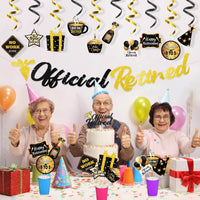 MALLMALL6 42Pcs Retirement Party Decoration set Official Retired Cupcake Toppers Glitter Gold and Black Banner Champagne Gifts Hanging Swirls Room Centerpiece Photo Booth for Happy Retirement Party