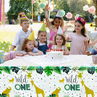 MALLMALL6 4Pcs Wild One First Birthday Table Cover Set 1 year old Waterproof Summer Plastic Tablecloth Tropical Animal Jungle Theme Baby Shower Party Picnic Supplies Decoration for Baby Boy Girl