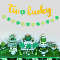 MALLMALL6 Two Lucky Banner 2nd Birthday Banners St. Patrick's Day Party Decoration Saint Patty's Day 2 Year Old Pre-Strung Glittery Shamrock Clover Garland Photo Prop for Boys Girls Outdoor Indoor