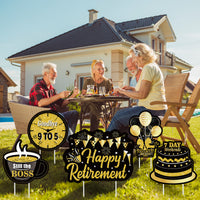 MALMALL6 5Pcs Happy Retirement Yard Sign Black Gold Balloons Cake Waterproof Garden Large Signs Retired Themed Lawn Backyard Photo Prop with Stakes Ornaments for Outdoor Party Decoration Supplies