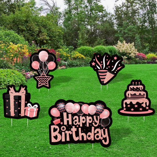 MALLMALL6 5Pcs Rose Gold Happy Birthday Yard Signs Cake Star Gift Box Fireworks Celebration Balloons Waterproof Lawn Garden Backyard Large Sign with Stakes Decors for Colorful Outdoor Party Supplies