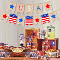 MALLMALL6 2PCS Independence Day Banners Burlap July 4th Banner Bunting American Flag Stars and Stripes USA Hanging Sign July 4 Decorations Patriotic Party Supplies Photo Booth Props for Home Garden