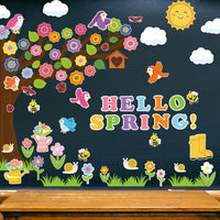 MALLMALL6 152Pcs Classroom Tree Bulletin Board Decor Hello Spring Tree Chalkboard Wall Decorations Set with Cutout Flowers Snails Bees Ladybugs Birds for Kindergarten Elementary School Home Decor