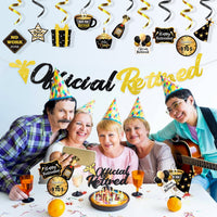 MALLMALL6 42Pcs Retirement Party Decoration set Official Retired Cupcake Toppers Glitter Gold and Black Banner Champagne Gifts Hanging Swirls Room Centerpiece Photo Booth for Happy Retirement Party