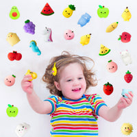 MALLMALL6 60Pcs Mochi Squeeze Toys for Kids Party Decorations Favors Stress Relief Birthday Gift Treat Goodie Bags Fruit and Random Animals Shape Kawaii Mini Toys Classroom Prize for Boys Girls