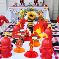 MALLMALL6 7Pcs Firefighter Honeycomb Centerpieces Fireman Themed Table Decorations Birthday Party Supplies Firetruck Fire Hat Extinguisher Themed Party Favors Room Decor Photo Booth Props for Kids